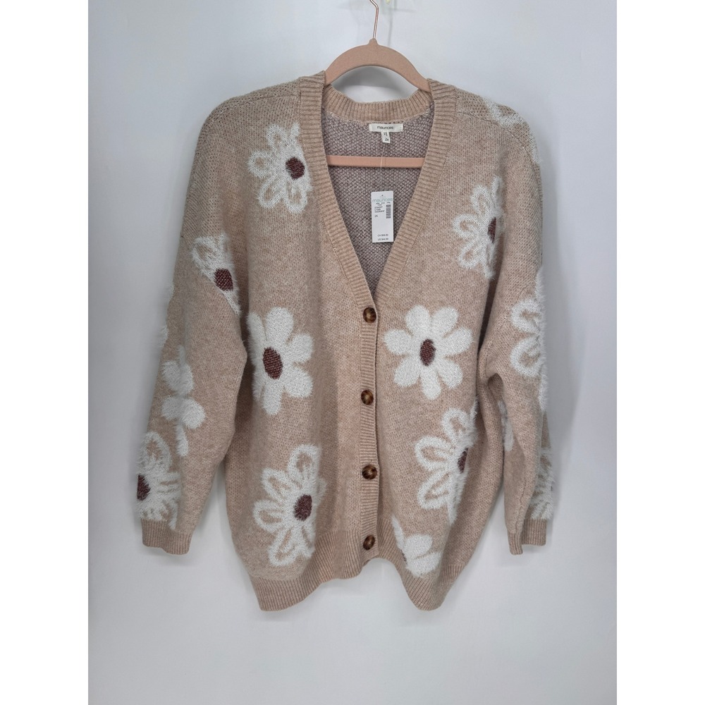 Maurices Cardigan Women 2X Tan NWT Floral Daisy Fuzzy Button Front Oversized